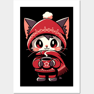 Adorable Kawaii Christmas Coffee Cat Posters and Art